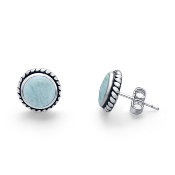 Twisted Rope Design Stud Post Earrings Round Simulated Larimar 925 Sterling Silver